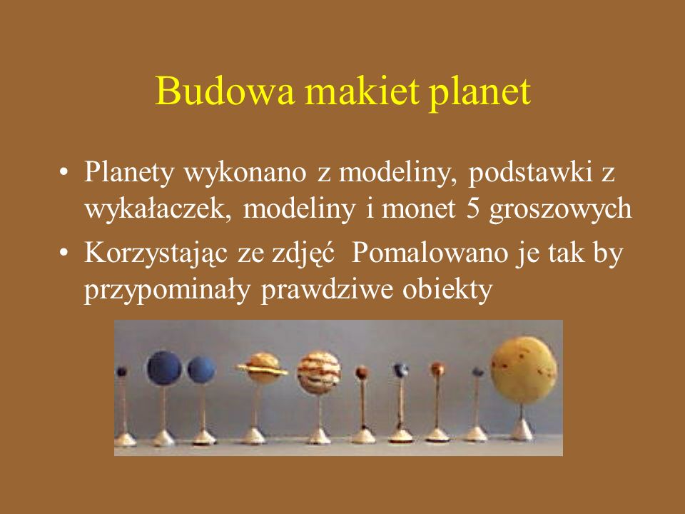 Budowa makiet planet Planety wykonano z modeliny, podstawki z wykałaczek, modeliny i monet 5 groszowych.