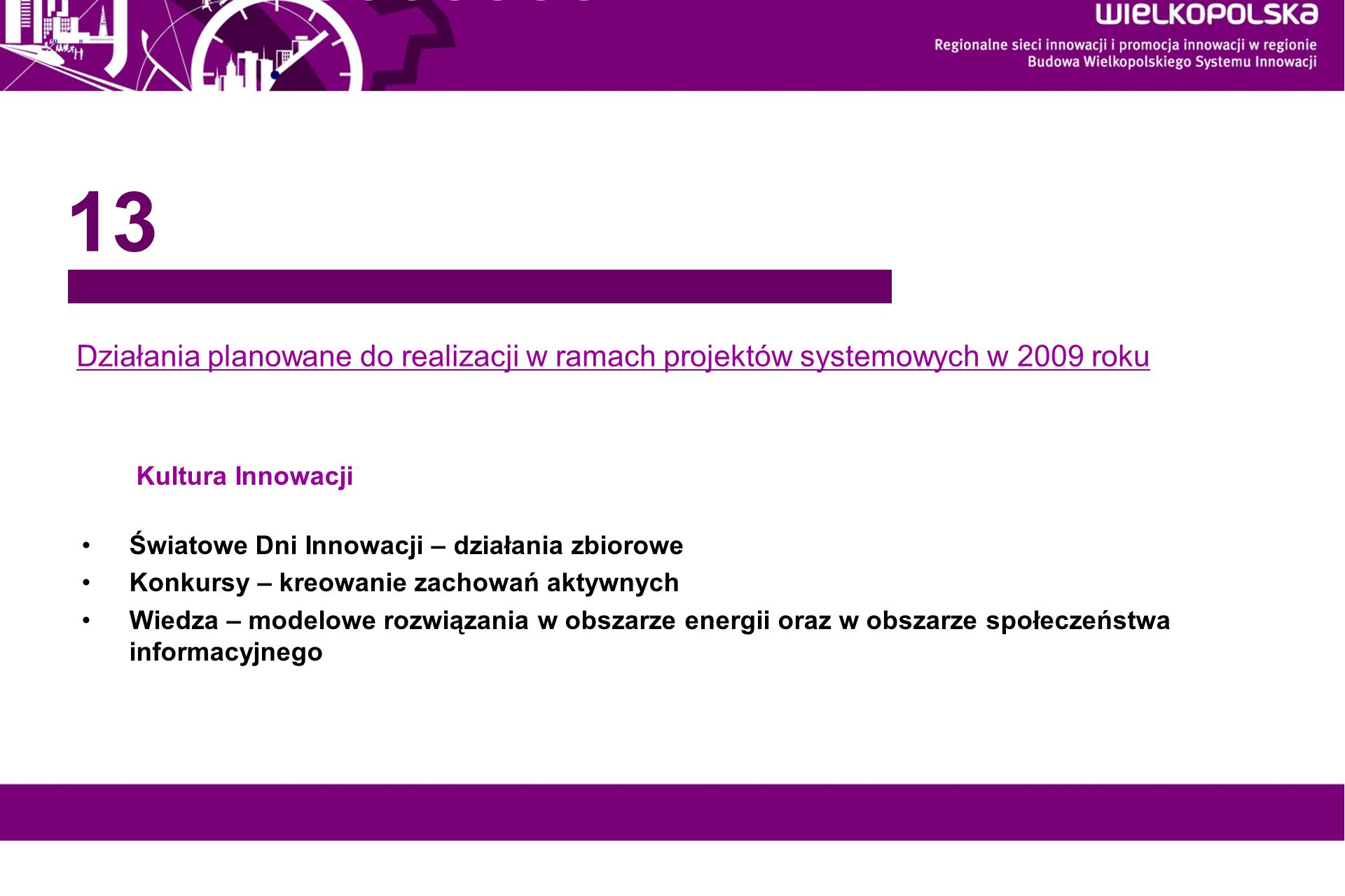 13 Działania planowane do realizacji w ramach projektów systemowych w 2009 roku. Kultura Innowacji.