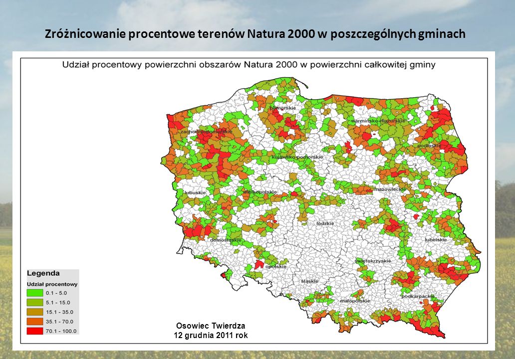 Zróżnicowanie procentowe terenów Natura 2000 w poszczególnych gminach