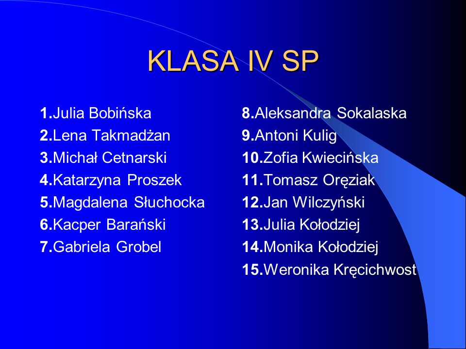 KLASA IV SP 1.Julia Bobińska 2.Lena Takmadżan 3.Michał Cetnarski