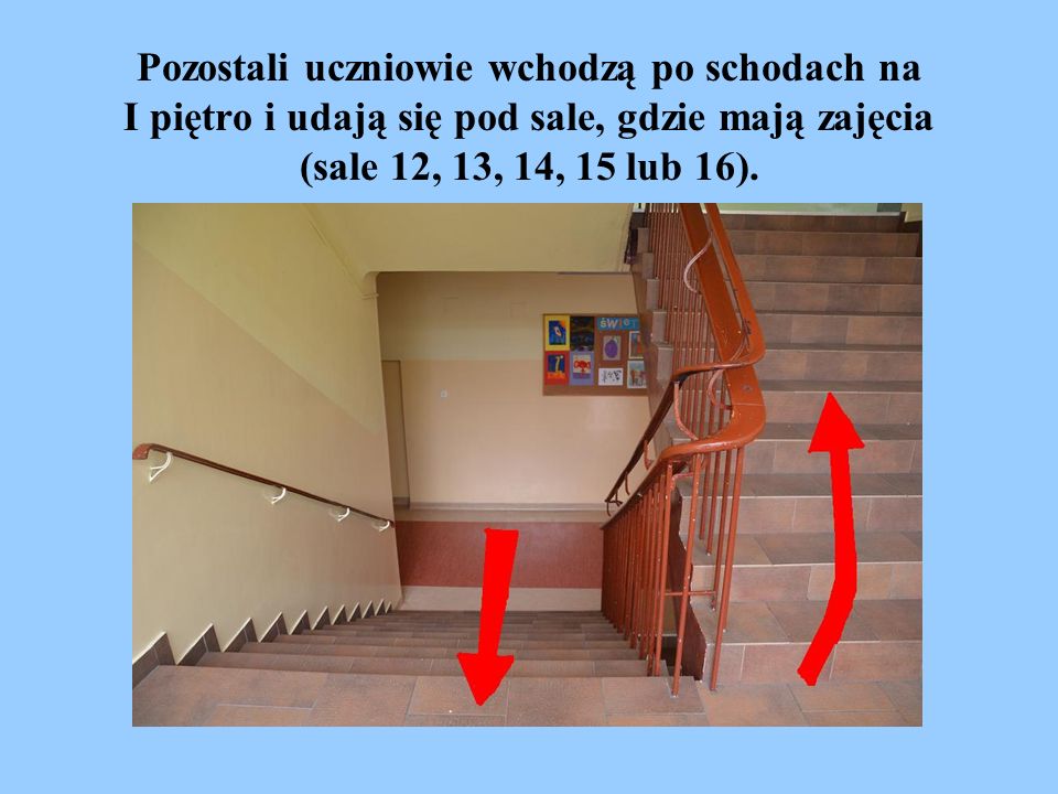 Pozostali uczniowie wchodzą po schodach na I piętro i udają się pod sale, gdzie mają zajęcia (sale 12, 13, 14, 15 lub 16).