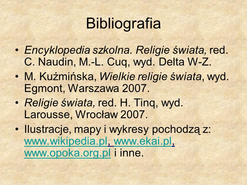 Bibliografia Encyklopedia szkolna. Religie świata, red. C. Naudin, M.-L. Cuq, wyd. Delta W-Z.