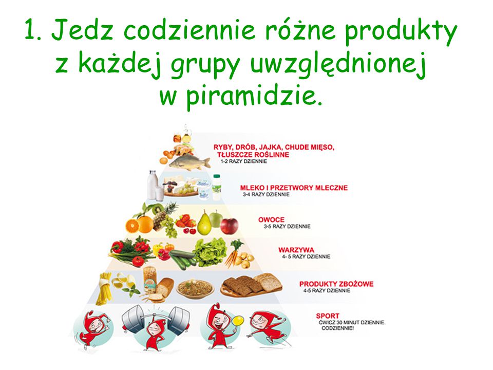 1. Jedz codziennie różne produkty z każdej grupy uwzględnionej w piramidzie.