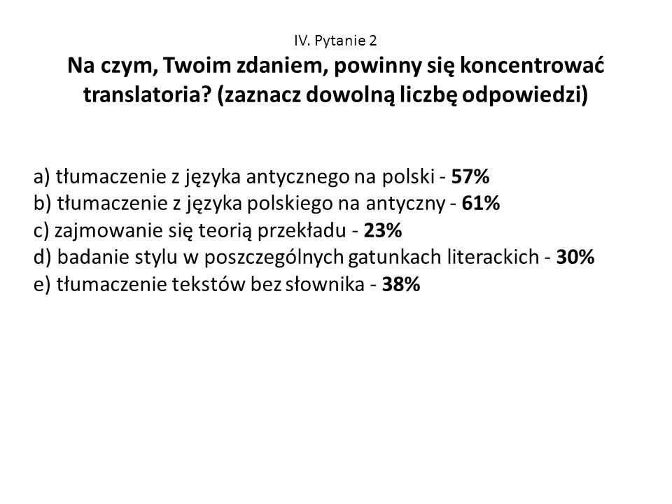 a) tłumaczenie z języka antycznego na polski - 57%