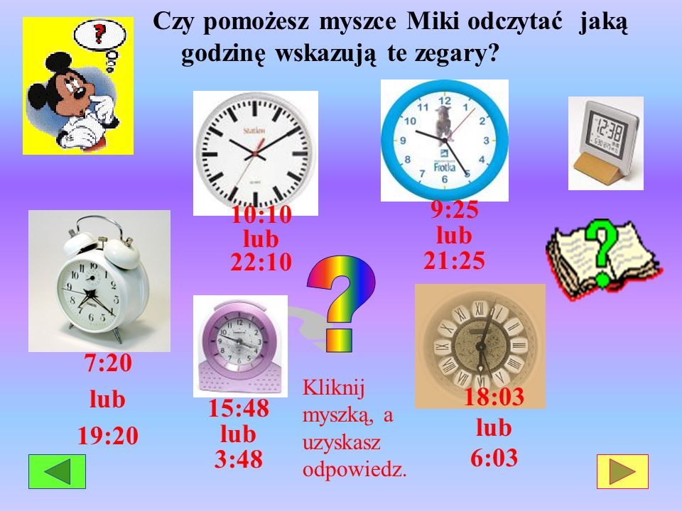 Czy pomożesz myszce Miki odczytać jaką godzinę wskazują te zegary