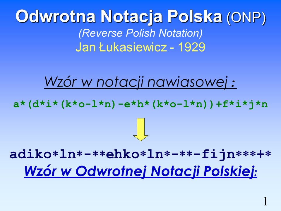 Odwrotna Notacja Polska (ONP) (Reverse Polish Notation) Jan Łukasiewicz