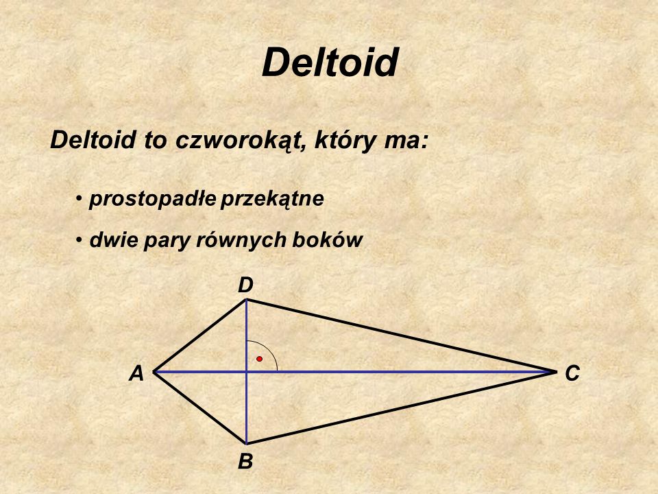 Deltoid Deltoid to czworokąt, który ma: prostopadłe przekątne