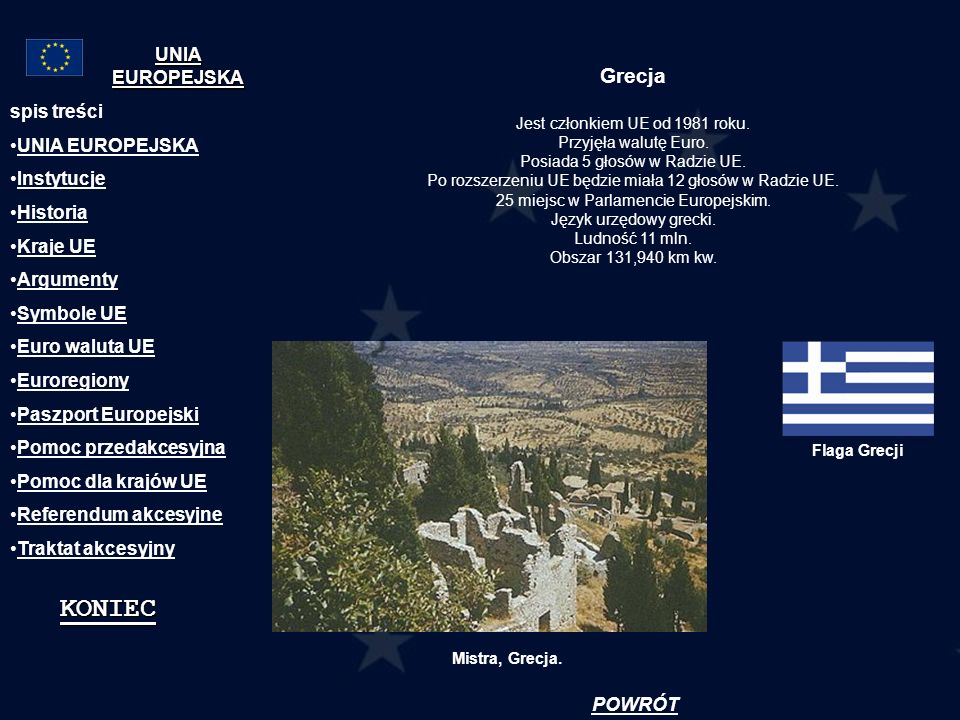 KONIEC Grecja UNIA EUROPEJSKA spis treści UNIA EUROPEJSKA Instytucje