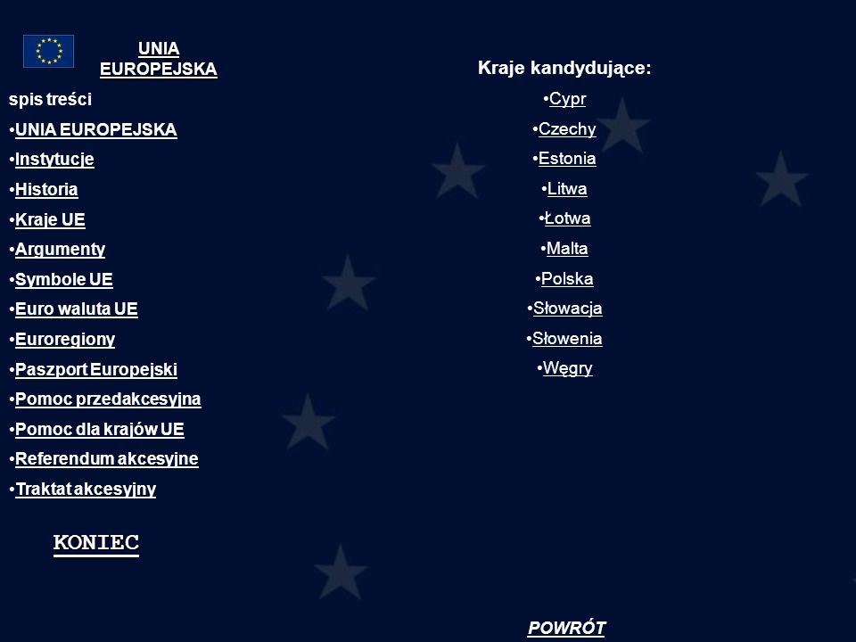 KONIEC Kraje kandydujące: UNIA EUROPEJSKA Cypr Czechy spis treści