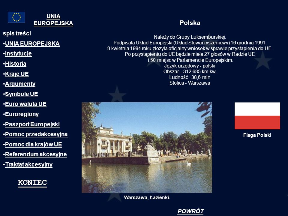 KONIEC Polska UNIA EUROPEJSKA spis treści UNIA EUROPEJSKA Instytucje