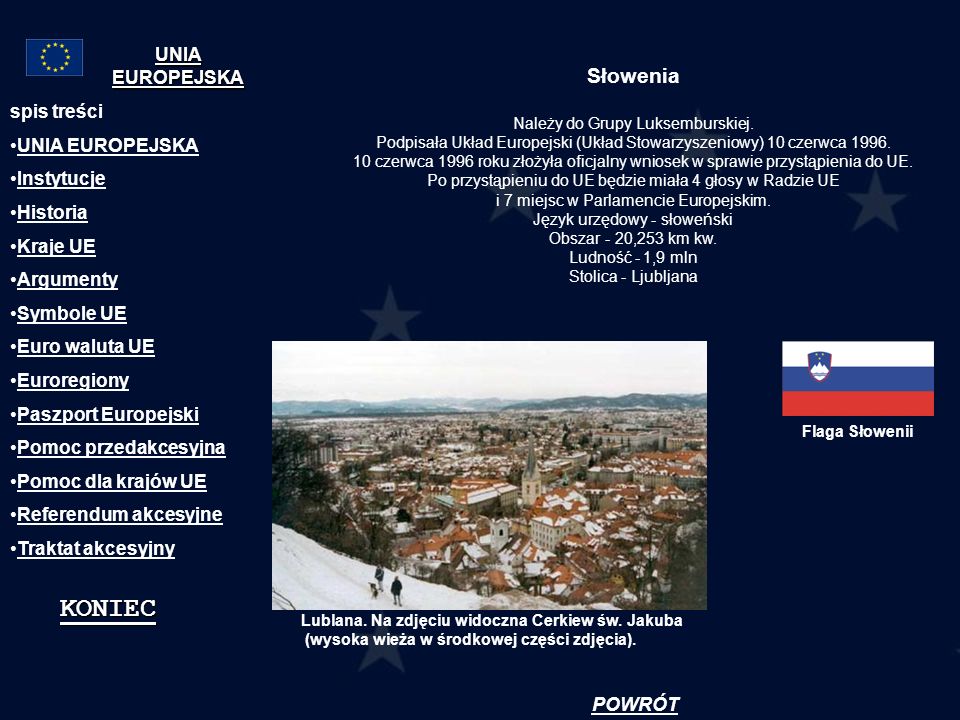 KONIEC Słowenia UNIA EUROPEJSKA spis treści UNIA EUROPEJSKA Instytucje