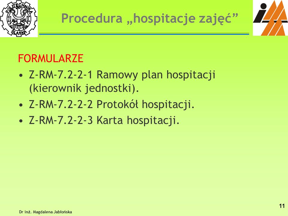 Procedura „hospitacje zajęć Dr inż. Magdalena Jabłońska