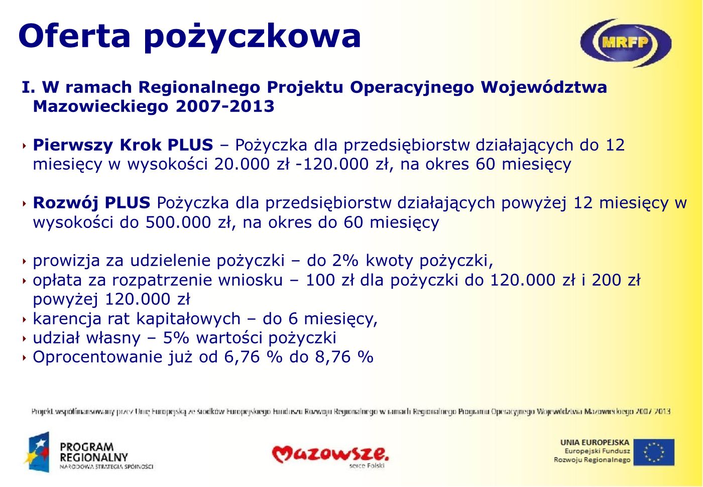 Oferta pożyczkowa I. W ramach Regionalnego Projektu Operacyjnego Województwa Mazowieckiego