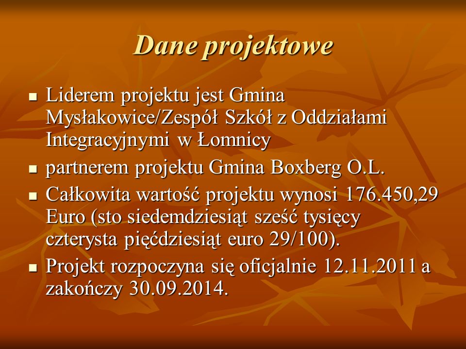 Dane projektowe Liderem projektu jest Gmina Mysłakowice/Zespół Szkół z Oddziałami Integracyjnymi w Łomnicy.