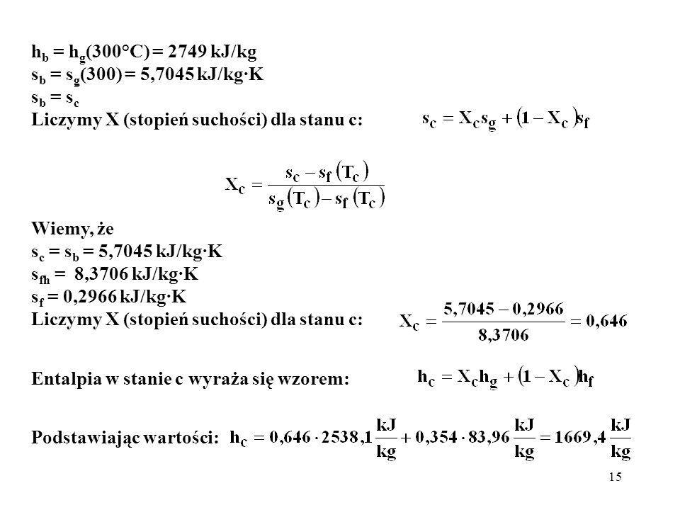 hb = hg(300°C) = 2749 kJ/kg sb = sg(300) = 5,7045 kJ/kg·K. sb = sc. Liczymy X (stopień suchości) dla stanu c: