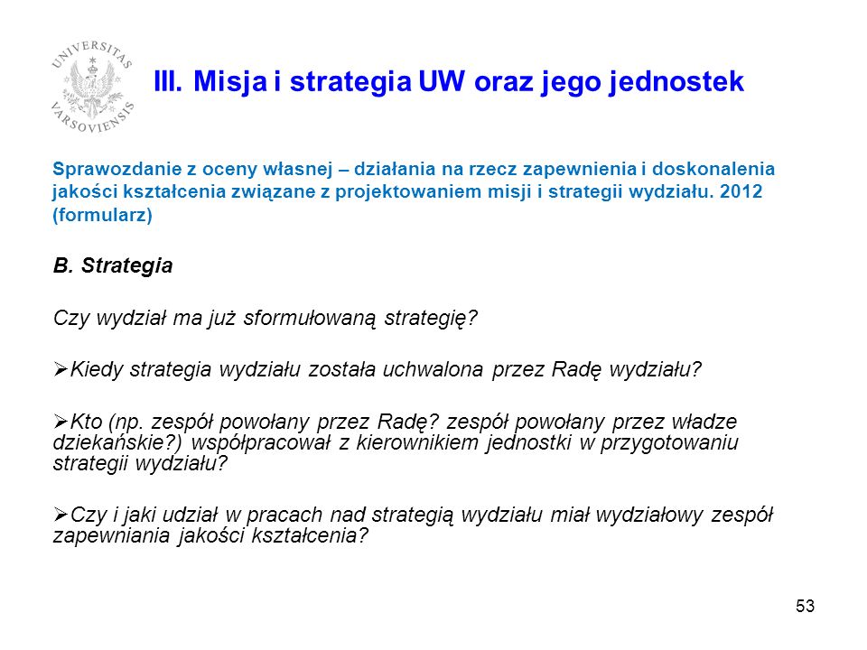 III. Misja i strategia UW oraz jego jednostek