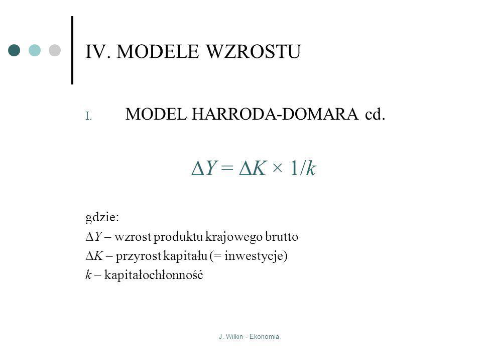 DY = DK × 1/k IV. MODELE WZROSTU MODEL HARRODA-DOMARA cd. gdzie: