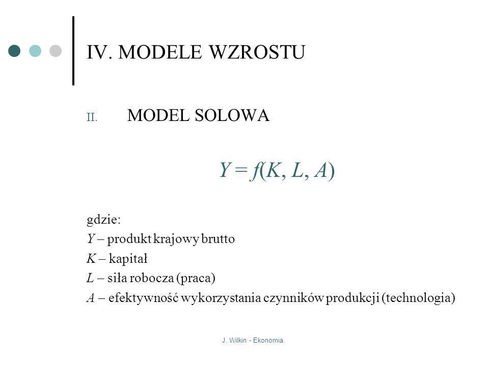 Y = f(K, L, A) IV. MODELE WZROSTU MODEL SOLOWA gdzie: