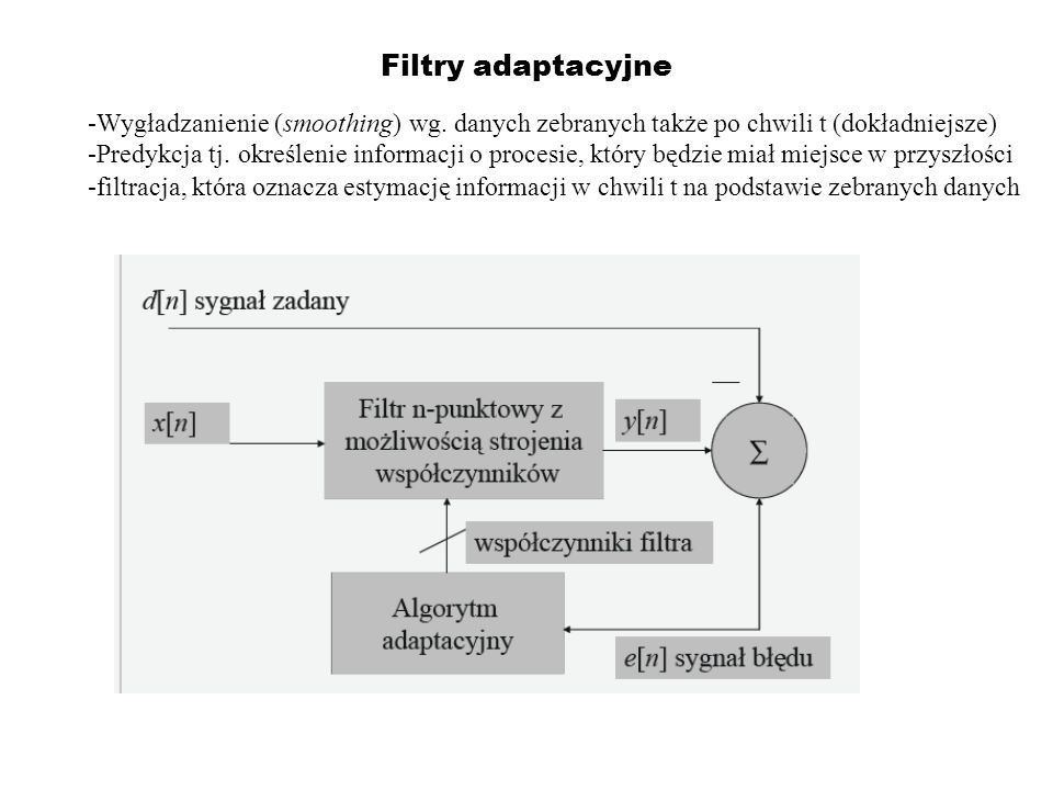 Filtry adaptacyjne Wygładzanienie (smoothing) wg. danych zebranych także po chwili t (dokładniejsze)