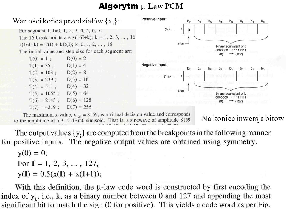 Algorytm m-Law PCM Wartości końca przedziałów {xi}: Na koniec inwersja bitów
