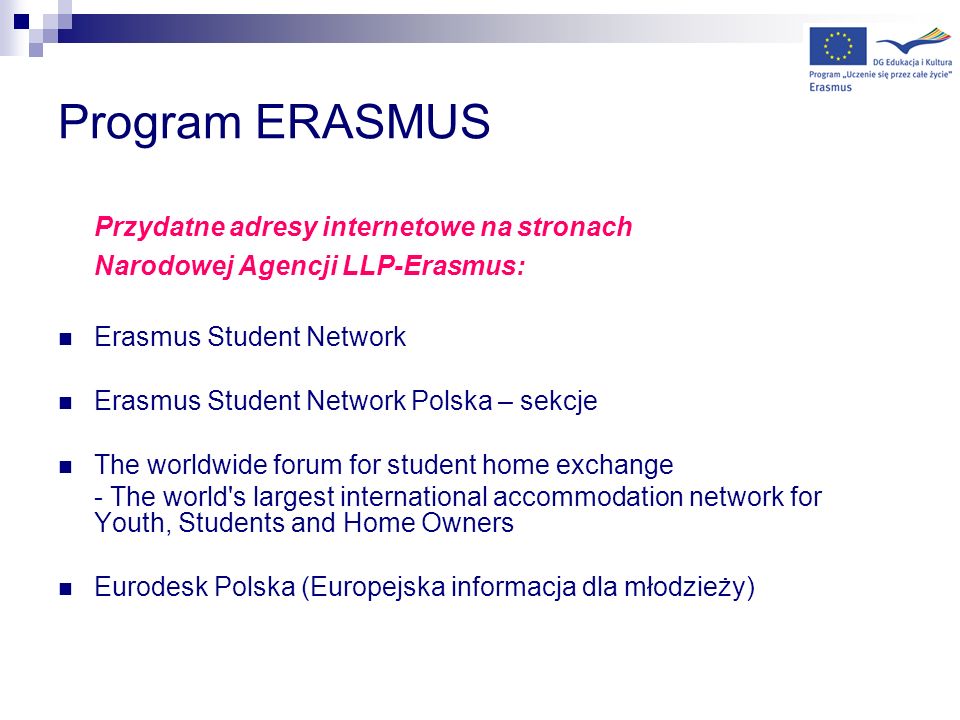 Program ERASMUS Przydatne adresy internetowe na stronach