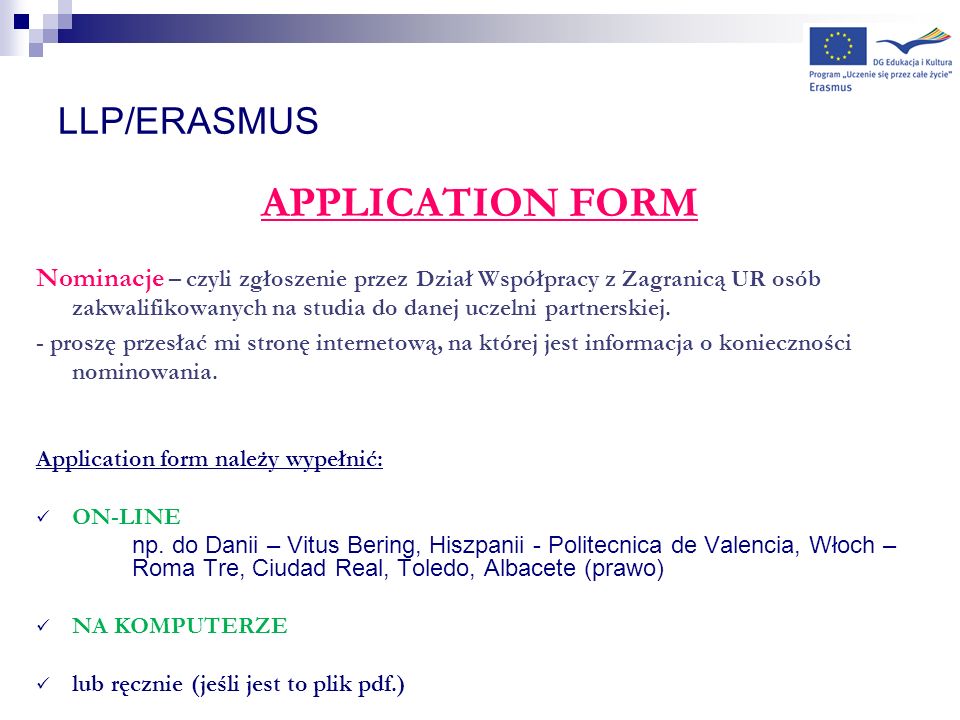 APPLICATION FORM LLP/ERASMUS