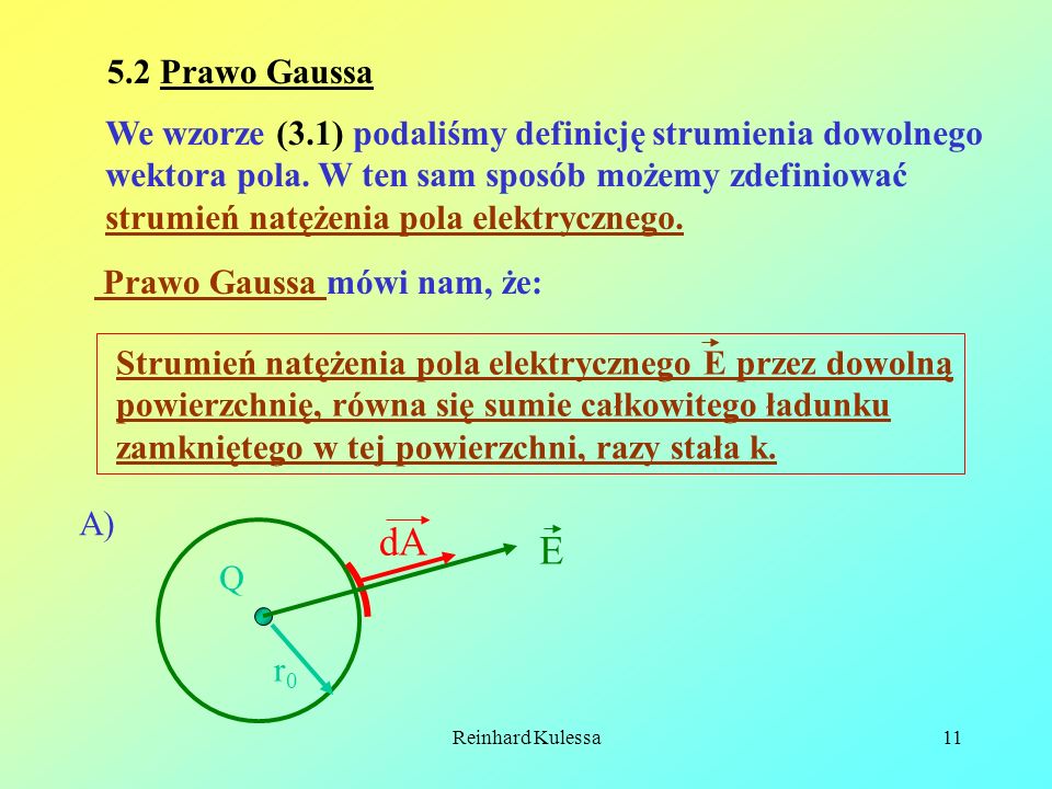 5.2 Prawo Gaussa We wzorze (3.1) podaliśmy definicję strumienia dowolnego. wektora pola. W ten sam sposób możemy zdefiniować.