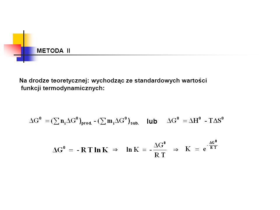 METODA II Na drodze teoretycznej: wychodząc ze standardowych wartości. funkcji termodynamicznych: