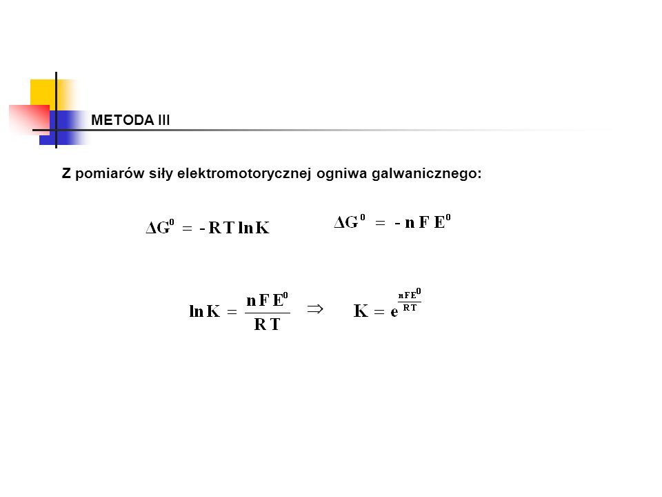 METODA III Z pomiarów siły elektromotorycznej ogniwa galwanicznego: 