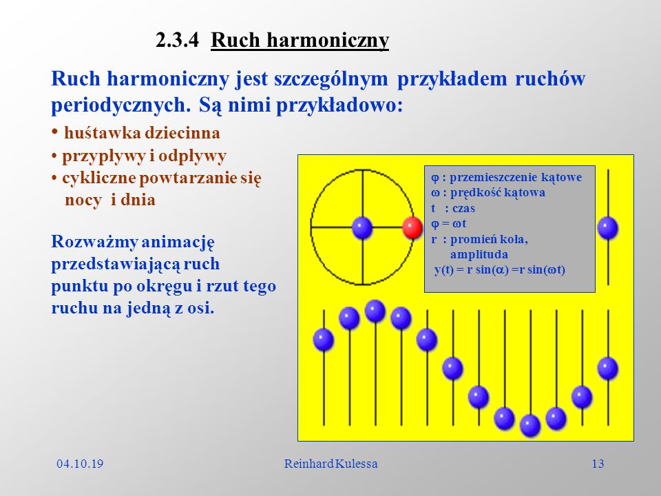 2.3.4 Ruch harmoniczny Ruch harmoniczny jest szczególnym przykładem ruchów periodycznych. Są nimi przykładowo:
