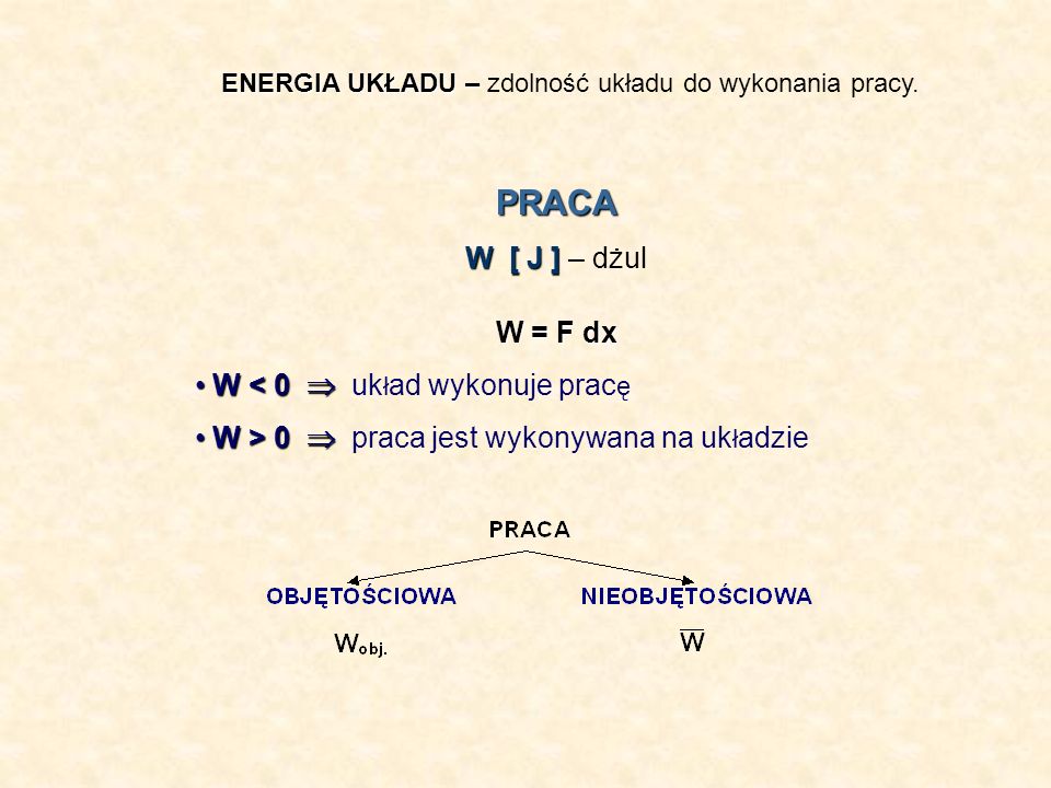 PRACA W [ J ] – dżul W = F dx W < 0  układ wykonuje pracę