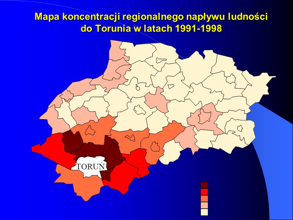 Mapa koncentracji regionalnego napływu ludności do Torunia w latach