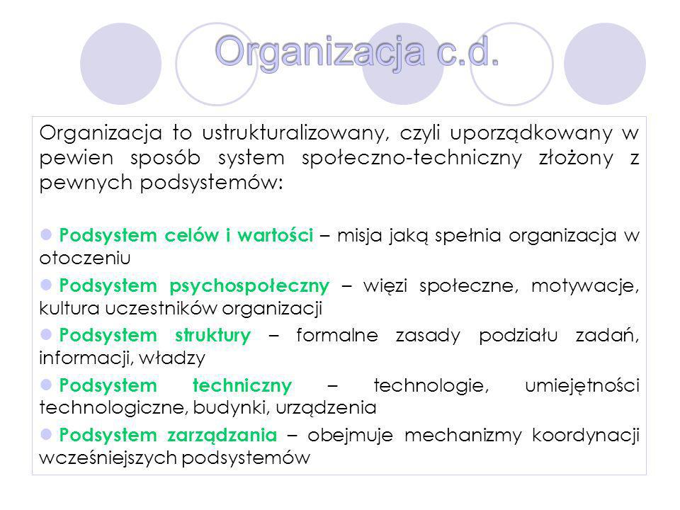 Organizacja c.d. Organizacja to ustrukturalizowany, czyli uporządkowany w pewien sposób system społeczno-techniczny złożony z pewnych podsystemów: