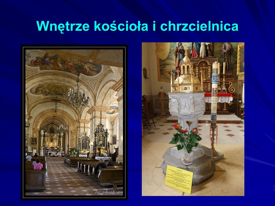 Wnętrze kościoła i chrzcielnica