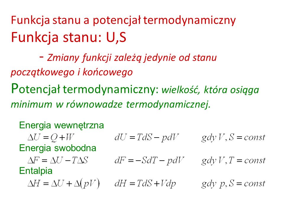 Funkcja stanu a potencjał termodynamiczny Funkcja stanu: U,S