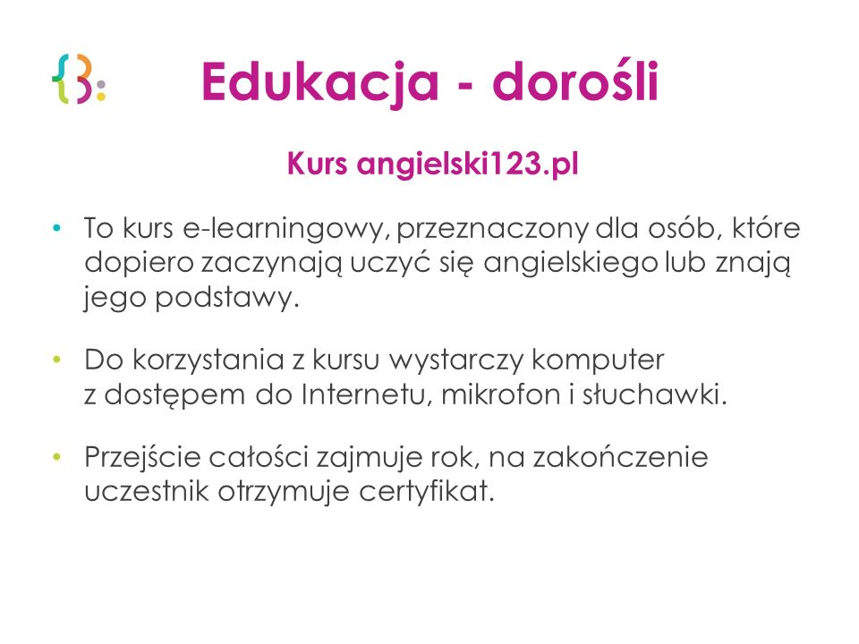Edukacja - dorośli Kurs angielski123.pl