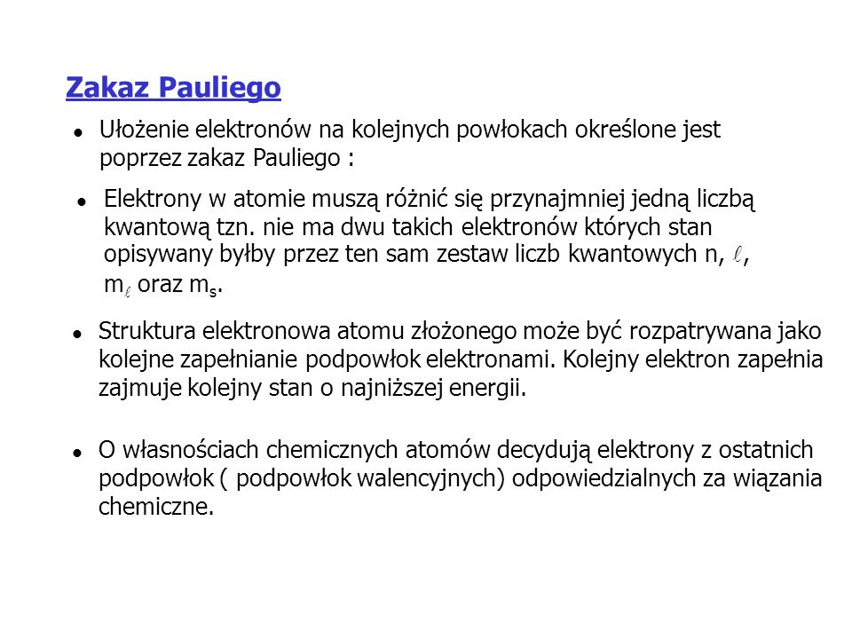 Zakaz Pauliego Ułożenie elektronów na kolejnych powłokach określone jest poprzez zakaz Pauliego :