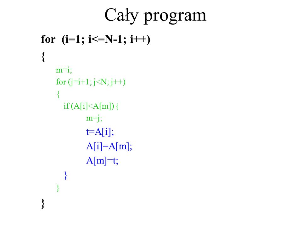 Cały program for (i=1; i<=N-1; i++) { A[i]=A[m]; A[m]=t; } m=i;