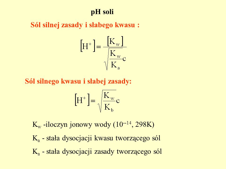 pH soli Sól silnej zasady i słabego kwasu : Sól silnego kwasu i słabej zasady: Kw -iloczyn jonowy wody (10--14, 298K)