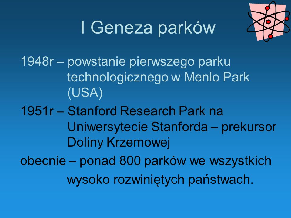I Geneza parków 1948r – powstanie pierwszego parku technologicznego w Menlo Park (USA)