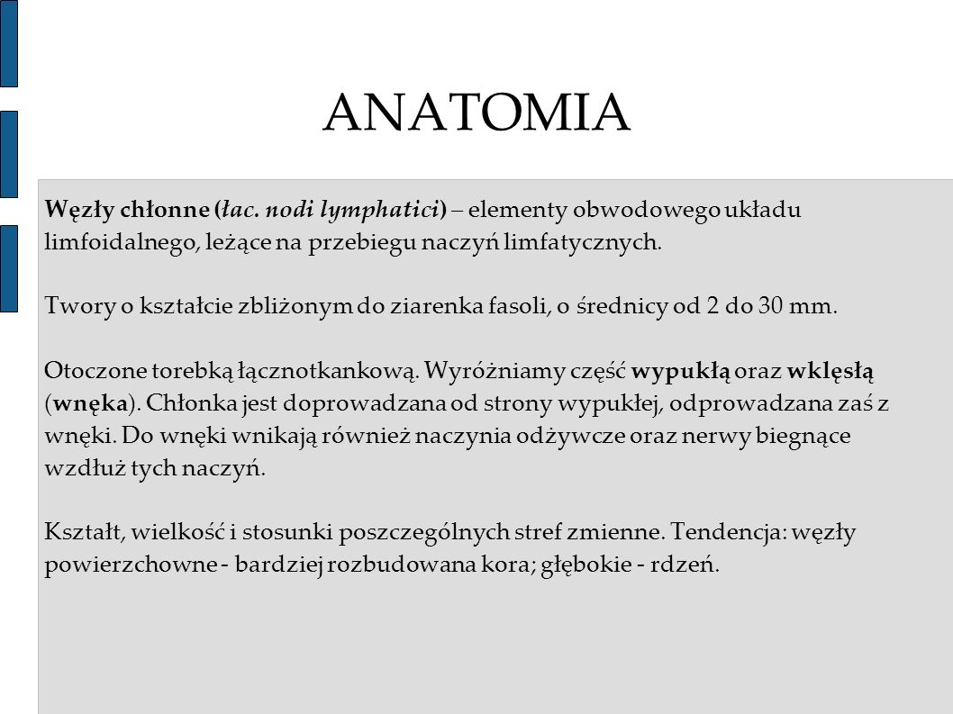 ANATOMIA Węzły chłonne (łac. nodi lymphatici) – elementy obwodowego układu limfoidalnego, leżące na przebiegu naczyń limfatycznych.