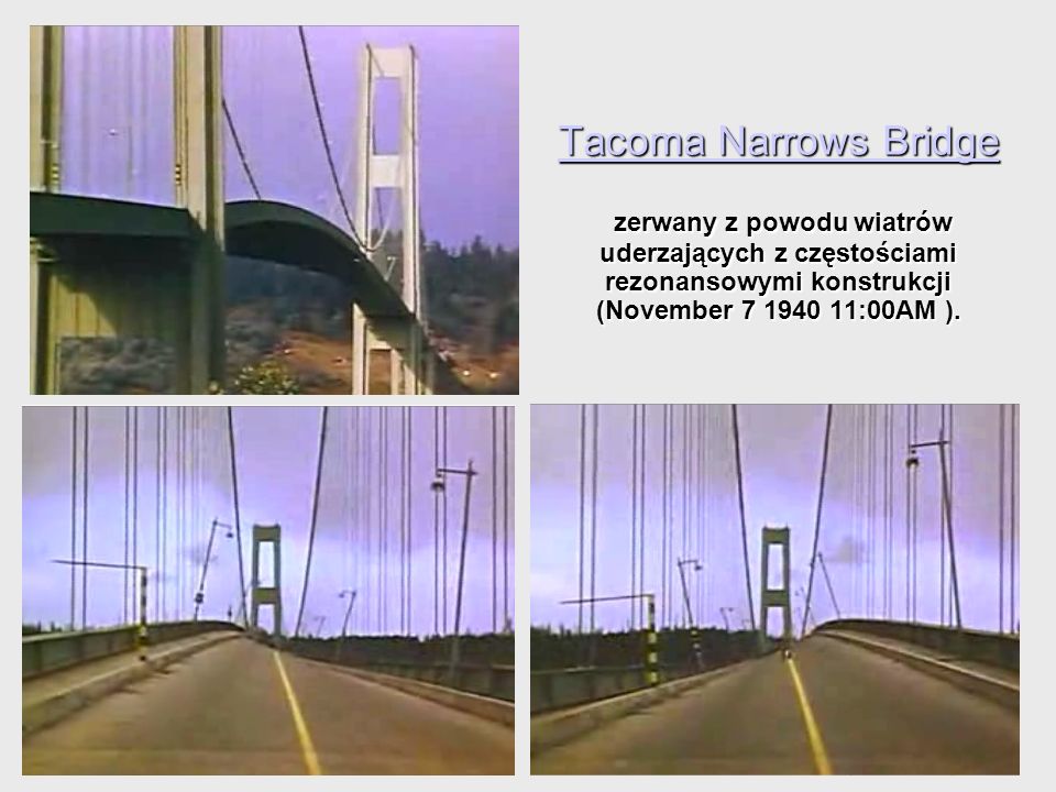 Tacoma Narrows Bridge zerwany z powodu wiatrów uderzających z częstościami rezonansowymi konstrukcji (November :00AM ).