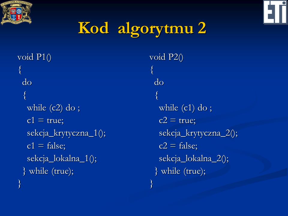 Kod algorytmu 2 void P1() { do while (c2) do ; c1 = true;