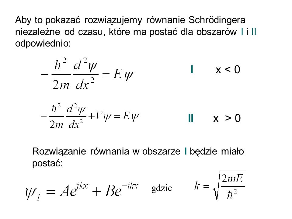 Aby to pokazać rozwiązujemy równanie Schrödingera niezależne od czasu, które ma postać dla obszarów I i II odpowiednio: