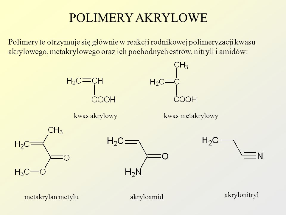 POLIMERY AKRYLOWE Polimery te otrzymuje się głównie w reakcji rodnikowej polimeryzacji kwasu.