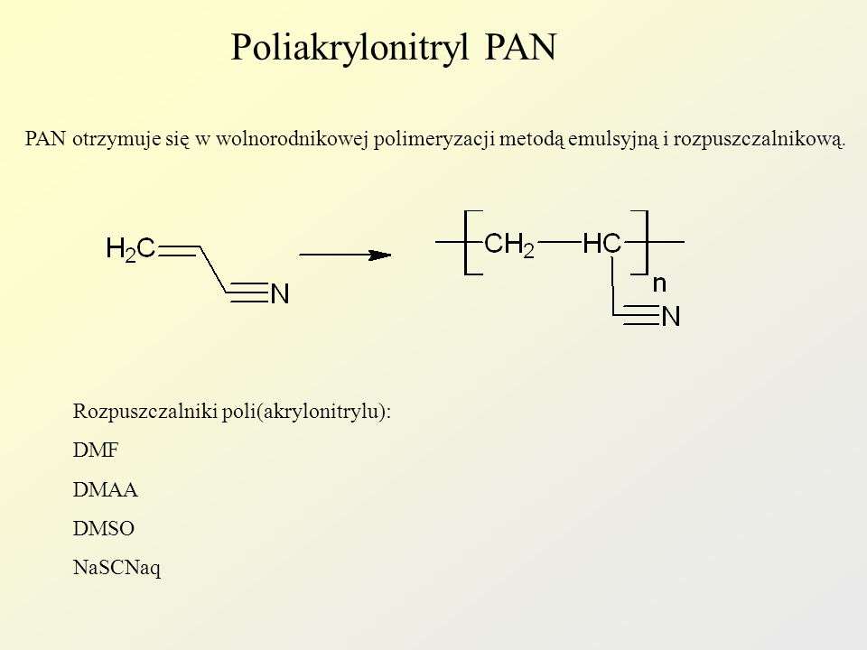 Poliakrylonitryl PAN PAN otrzymuje się w wolnorodnikowej polimeryzacji metodą emulsyjną i rozpuszczalnikową.