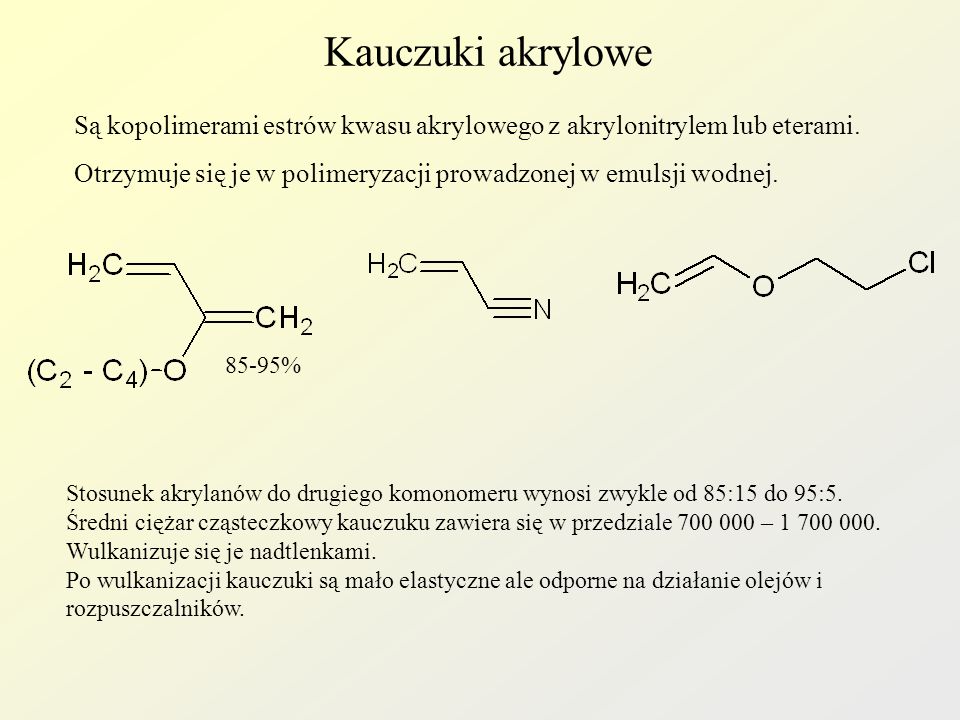 Kauczuki akrylowe Są kopolimerami estrów kwasu akrylowego z akrylonitrylem lub eterami.