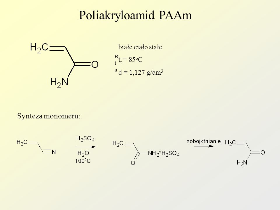 Poliakryloamid PAAm Synteza monomeru: białe ciało stałe tt = 85oC