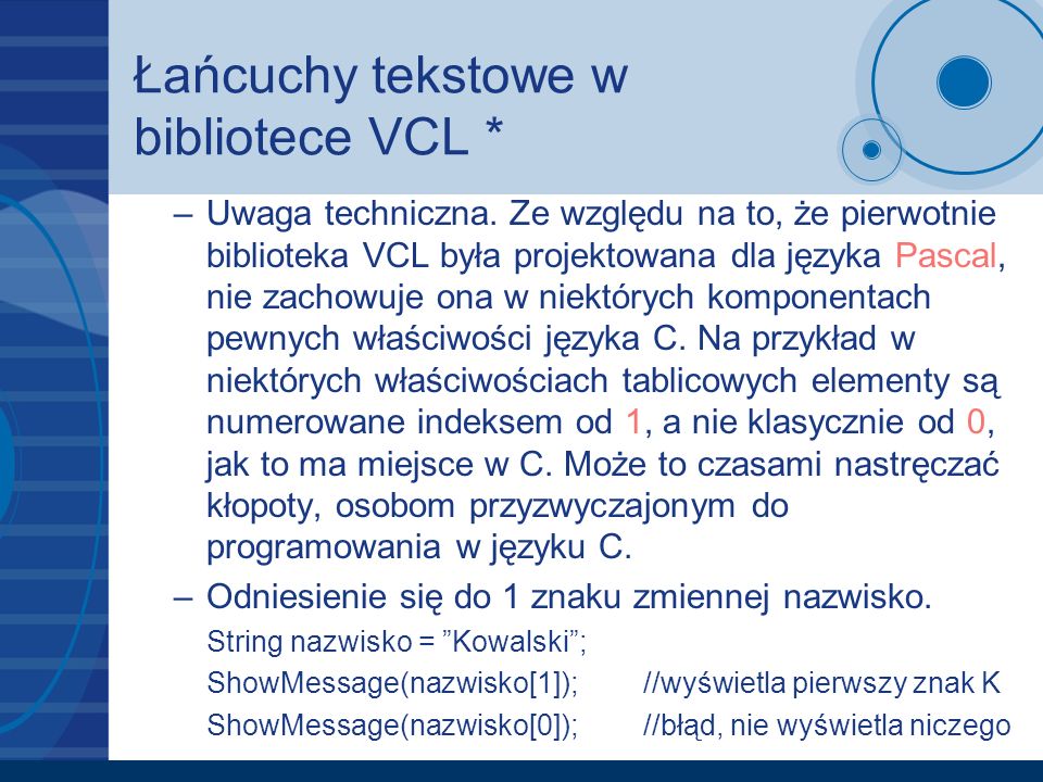 Łańcuchy tekstowe w bibliotece VCL *