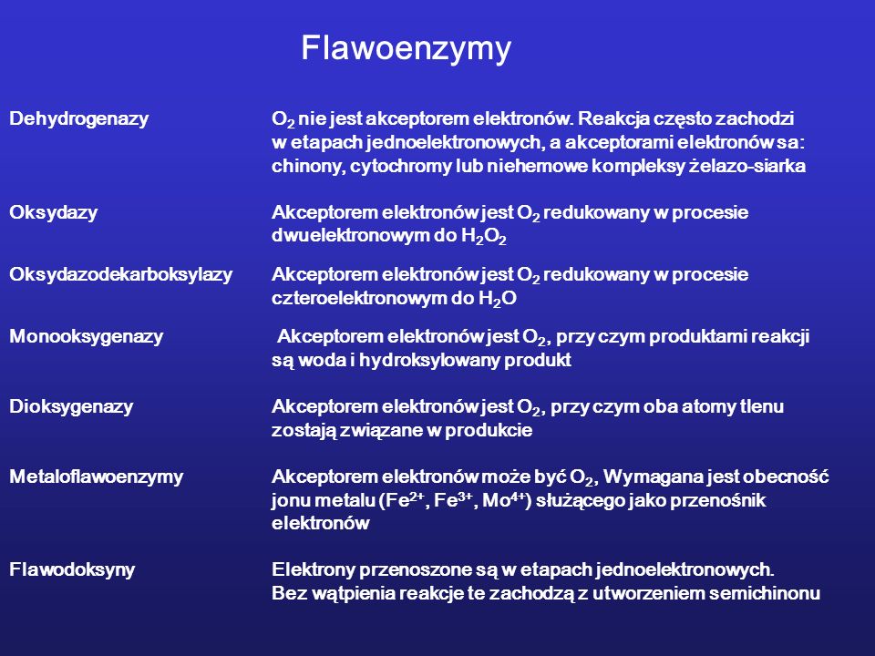 Flawoenzymy Dehydrogenazy O2 nie jest akceptorem elektronów. Reakcja często zachodzi. w etapach jednoelektronowych, a akceptorami elektronów sa: